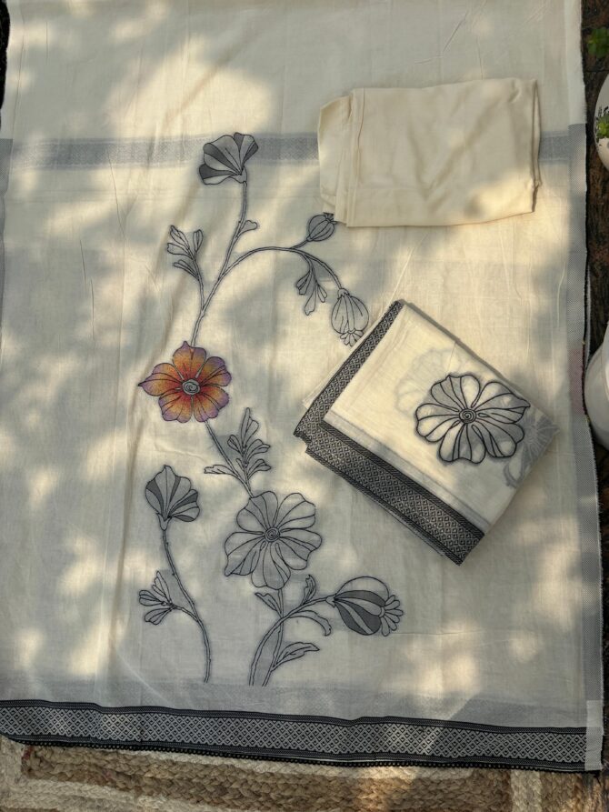 Feel Feather Off White Pure Cotton Floral Jamdani Suit (Dress Material)