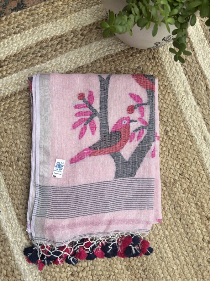 Feel Feather Light Pink Birds Linen Jamdani Handloom Saree
