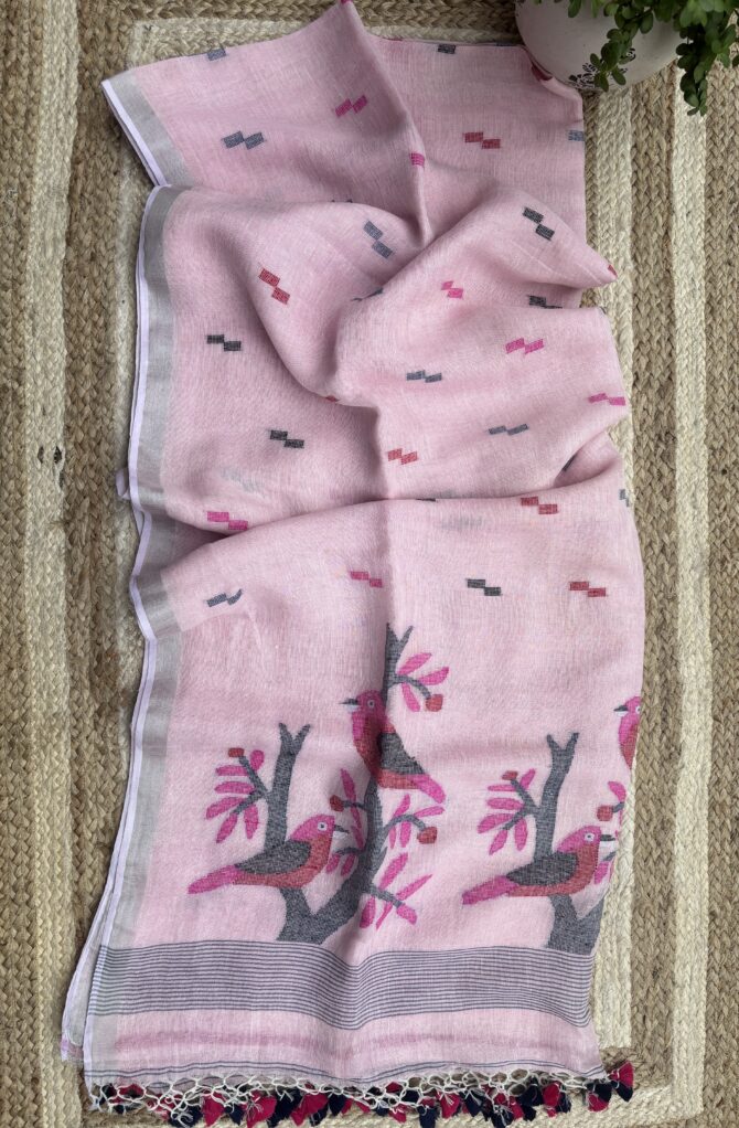 Feel Feather Light Pink Birds Linen Jamdani Handloom Saree - Image 4