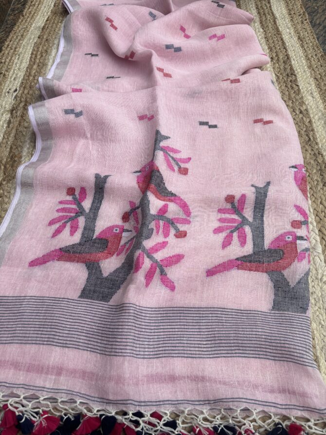 Feel Feather Light Pink Birds Linen Jamdani Handloom Saree - Image 5