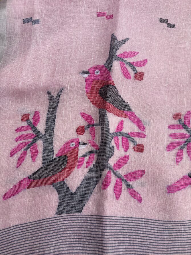 Feel Feather Light Pink Birds Linen Jamdani Handloom Saree