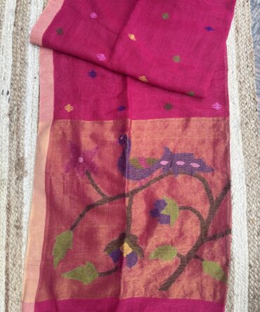 feel feather pink Paithani Linen Handloom Saree