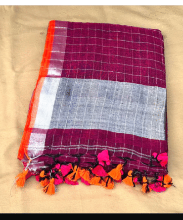 feel feather pure linen check handloom saree