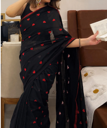 Feel Feather Pure Mul Cotton Red Heart Embroidred Black Saree