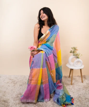 Feel Feather Pure Linen By Linen Check Pattern Saree