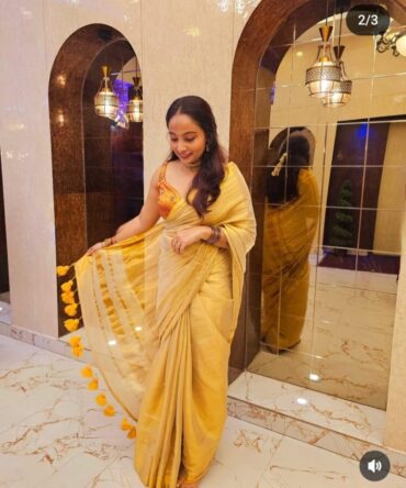Feel Feather Golden Zari Tissue Linen Saree