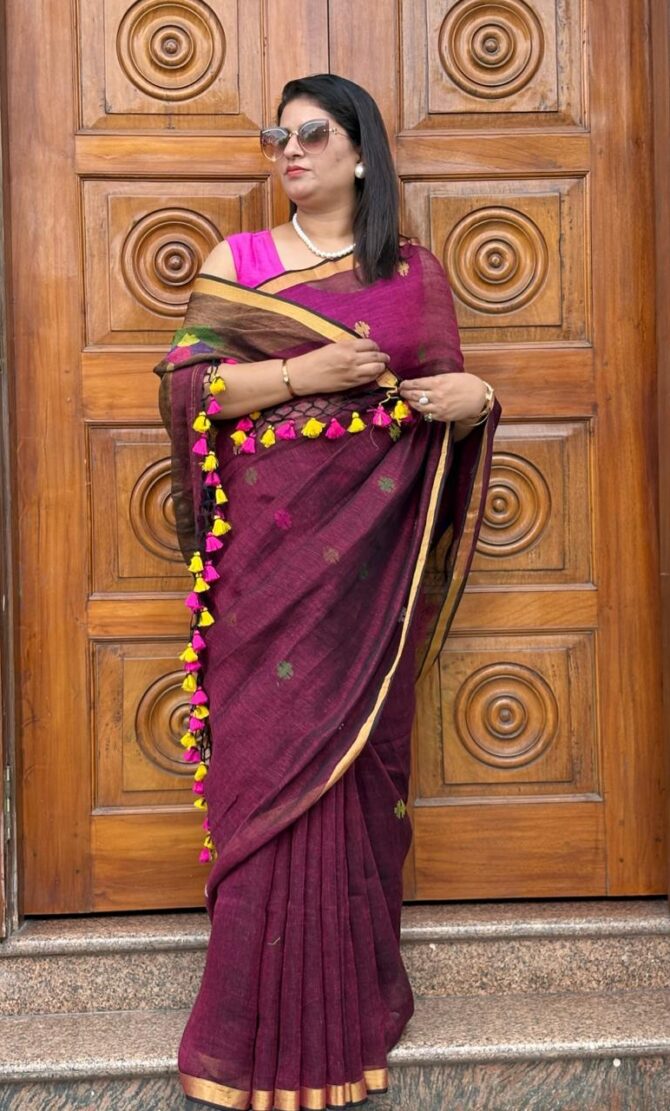 Feel Feather Maroon Paithani Linen Handloom Saree