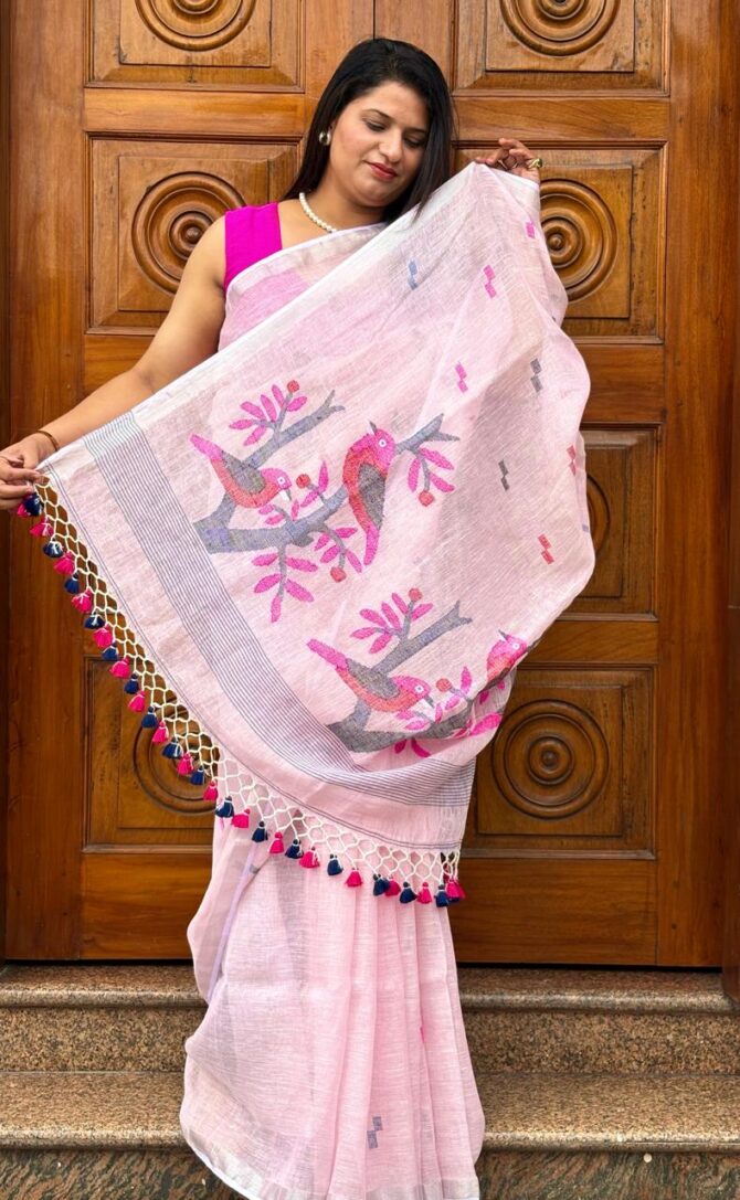 Feel Feather Light Pink Birds Linen Jamdani Handloom Saree - Image 3